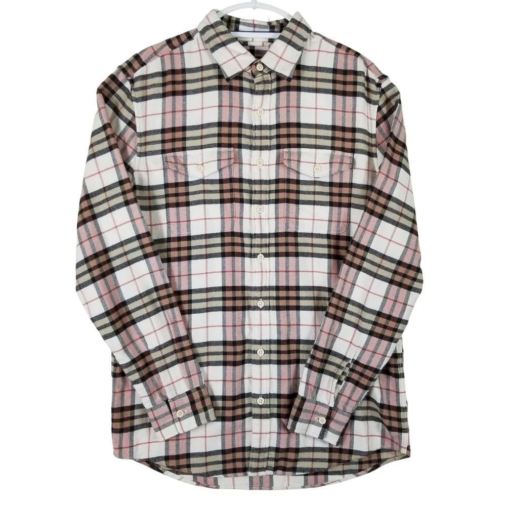 American Eagle Men M Tall Flannel Shirt Plaid Pink White Long Sleeve Button Down